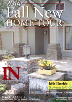 Modern home with stone accents, a water feature, and potted plants featured on a magazine cover for a fall home tour event.