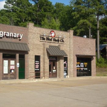 A small strip mall with three businesses, including The Beef Shop Co., in front of a wooded area and a parked truck.