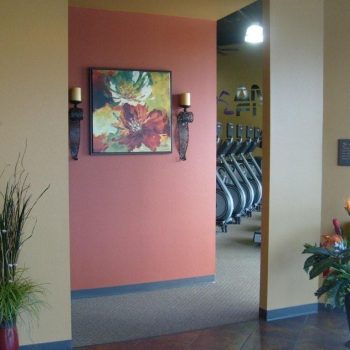 A hallway with colorful walls, plants, and a floral painting leads to a gym area with several treadmills.