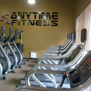 Row of treadmills and elliptical machines in a gym with an "Anytime Fitness" sign on the wall.