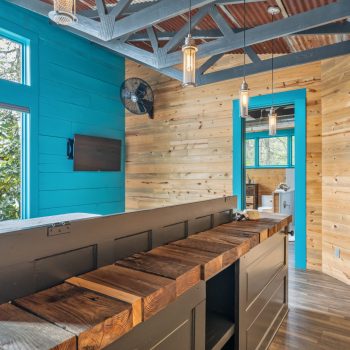 Modern office space with wood paneling, teal accents, large windows, a ceiling fan, and a small wall-mounted TV.