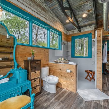 Modern rustic bathroom with wood walls, teal accents, large windows, vanity, toilet, and open walk-in closet.
