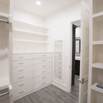 Walk-in closet with built-in white shelves, drawers, hanging rods, a wall mirror, and gray wood-look flooring.