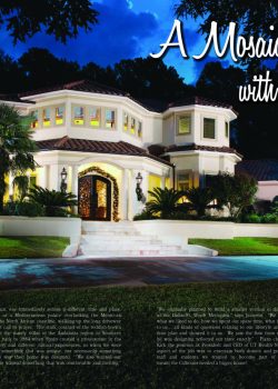 A large, well-lit Mediterranean-style house with palm trees and landscaped yard, photographed at dusk.