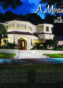 A large, well-lit Mediterranean-style house with palm trees and landscaped yard, photographed at dusk.