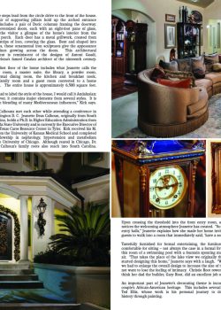 A couple poses together; images show an elegant living room, ornate decor, framed art, and a grand front entrance at night.