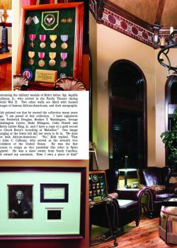 Collage of a library with chess sets, military medals, framed photos, and a lounge area with leather chairs and large windows.