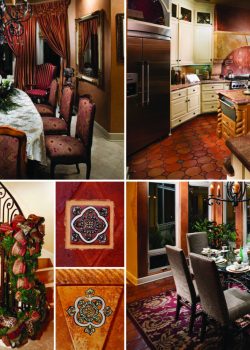 Collage of elegant home interiors featuring a dining room, kitchen, decorative tiles, and holiday-themed entryway decor.