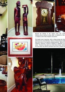 Collage of a luxurious home interior, wooden sculptures, wall art, a dog on a sofa, and a backyard with a lit pool at night.