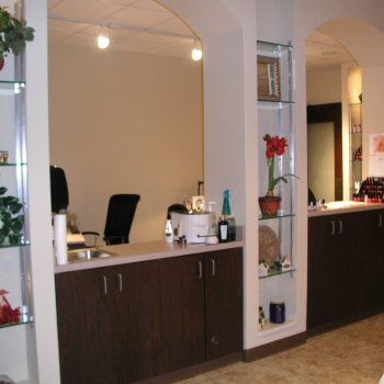 Reception area with dark wood cabinets, glass shelves displaying plants and decor, and overhead lighting.