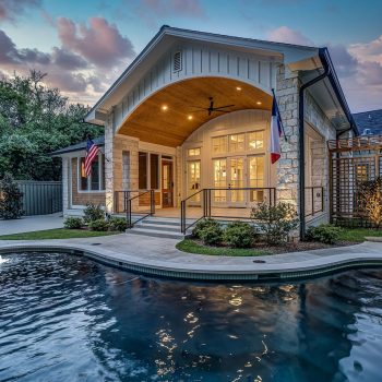 Modern house with large windows and covered patio, overlooking a backyard pool at sunset with garden landscaping.