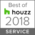 Square badge reading "Best of houzz 2018 SERVICE" with the houzz logo in green and black on a gray background.