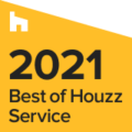 Yellow badge displaying "2021 Best of Houzz Service" with a white house icon in the top left corner.