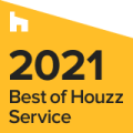 Yellow badge displaying "2021 Best of Houzz Service" with a white house icon in the top left corner.