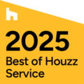 Yellow badge with white and black text reading "2025 Best of Houzz Service" and a white Houzz logo in the top left.