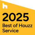 Yellow badge with white and black text reading "2025 Best of Houzz Service" and a white Houzz logo in the top left.