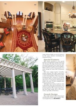A collage of home interiors including a living room, kitchen, bedroom, and an outdoor pergola with a brief article on home features.